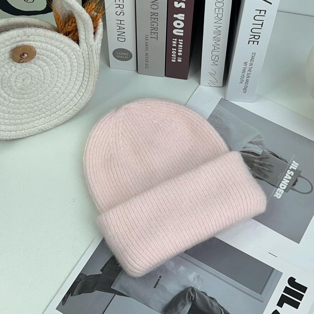Angola rabbit fur warm solid color light board autumn and winter versatile candy color vertical stripe knitted hat women