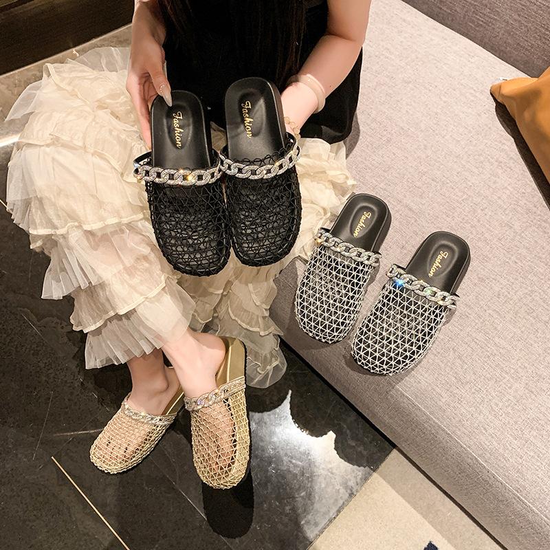 Baotou fishing net half slippers women's outer wear 2025 summer new thick-soled Roman hollow breathable comfortable beach cool slippers