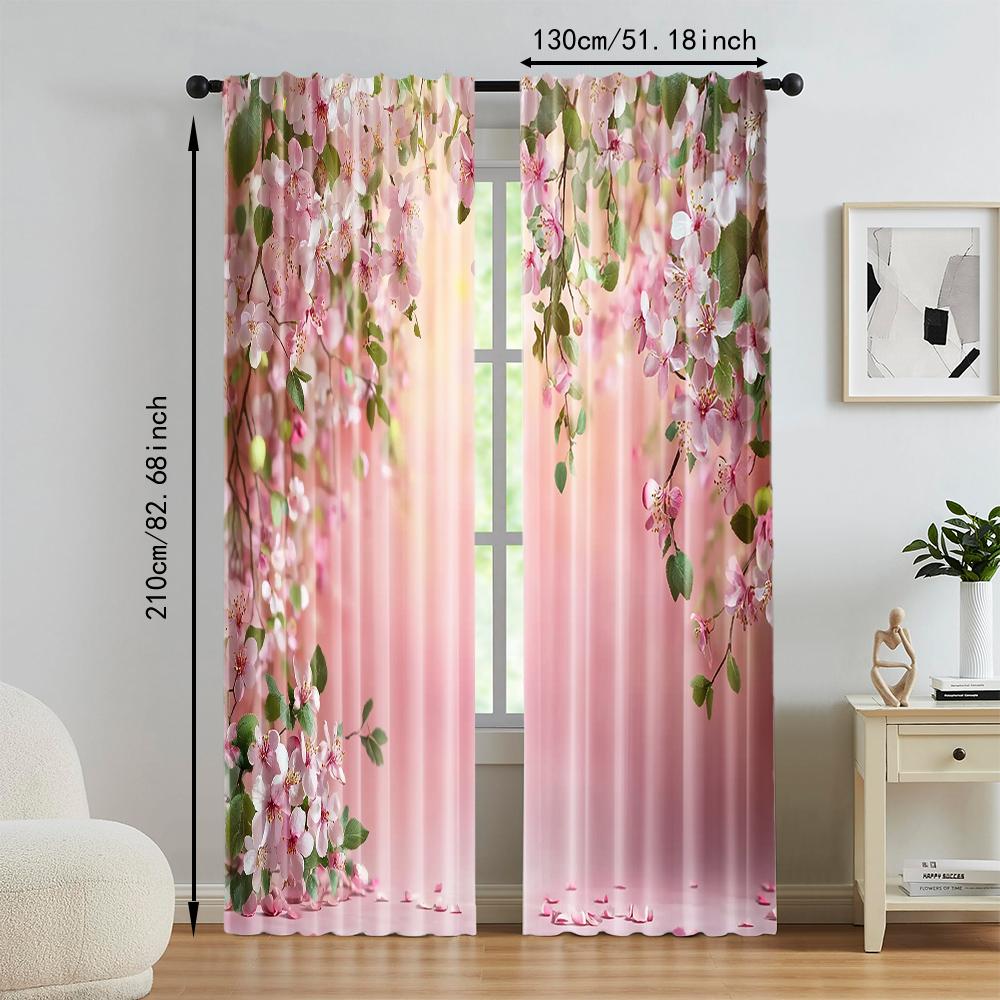 2 Pcs, Versatile Polyester Transparent Curtains for Home Decoration Spring Pink Floral for Use In Bedrooms and Living Rooms