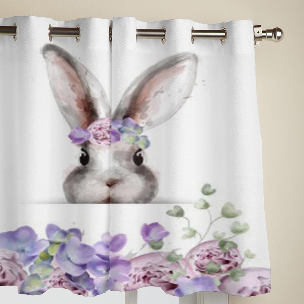 Modern Window Curtains Bunny Rabbit with Flowers Watercolor Luxury Fashion Curtains for Living Room Bedroom Kitchen Drapes