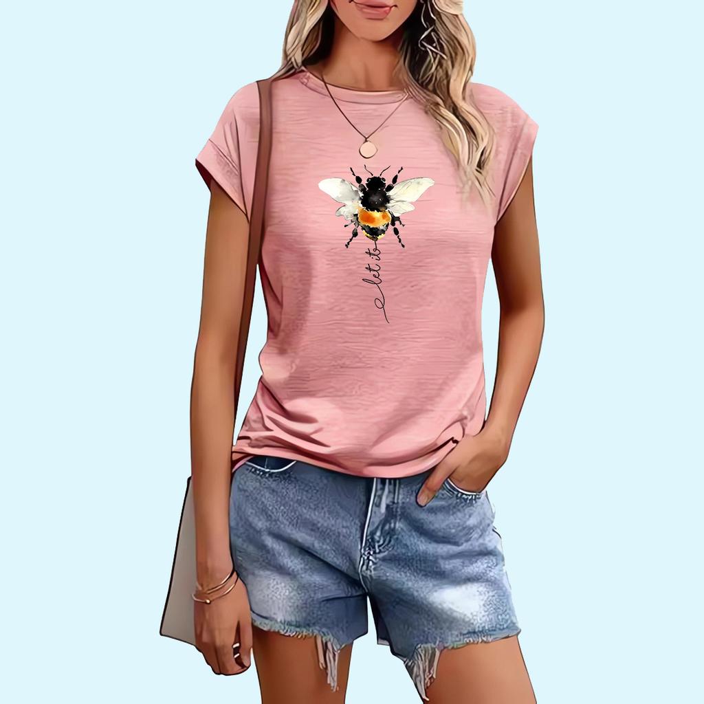 Women Fashion Bee Print T-shirt Sring&summer Casual Ladies Round Collar Tee Shirt