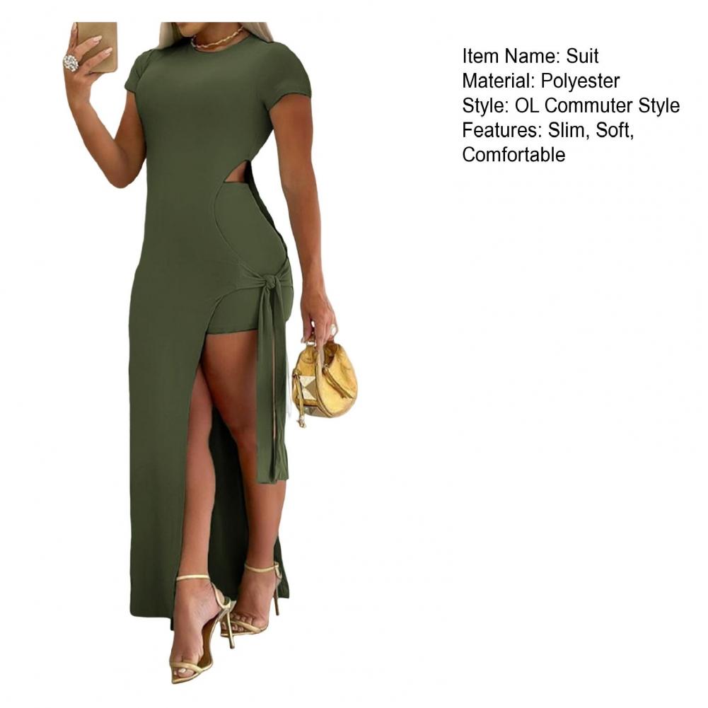 Womens Sexy Maxi Dress Kit Short Sleeve Crew Neck Side Slit Bodycon Dress with Short Summer Wear Suit for Party Daily Clubs