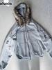  Women's Autumn and Winter Hoodie, Loose Letter Print Zip-up Sweatshirt with Detachable Fur Collar, High Street Cross-border Apparel