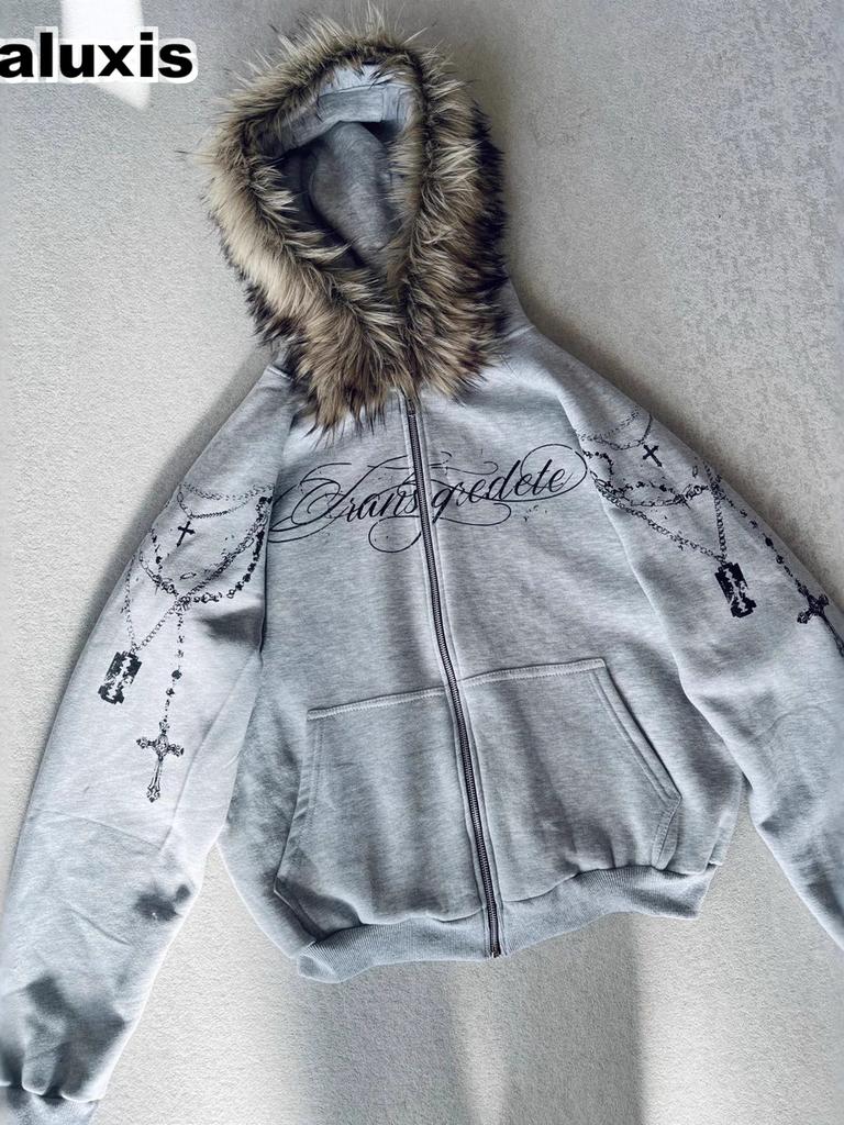  Women's Autumn and Winter Hoodie, Loose Letter Print Zip-up Sweatshirt with Detachable Fur Collar, High Street Cross-border Apparel