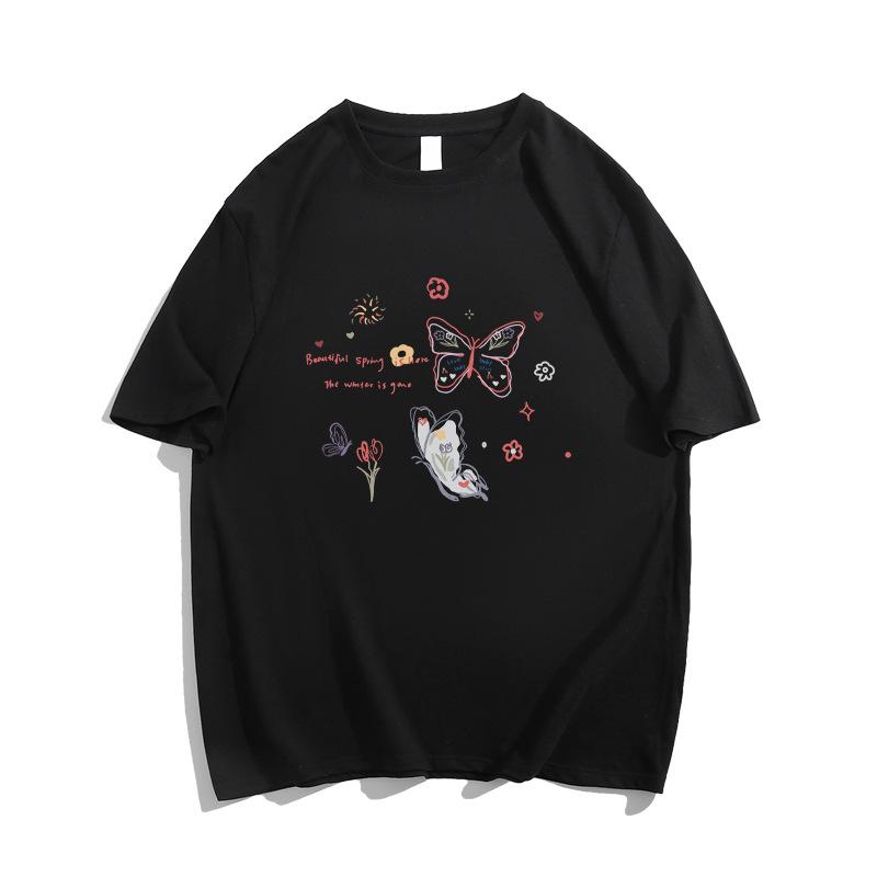 Flower gray American ins trendy brand butterfly short-sleeved T-shirt women's summer new pure cotton design sense niche fat MM top