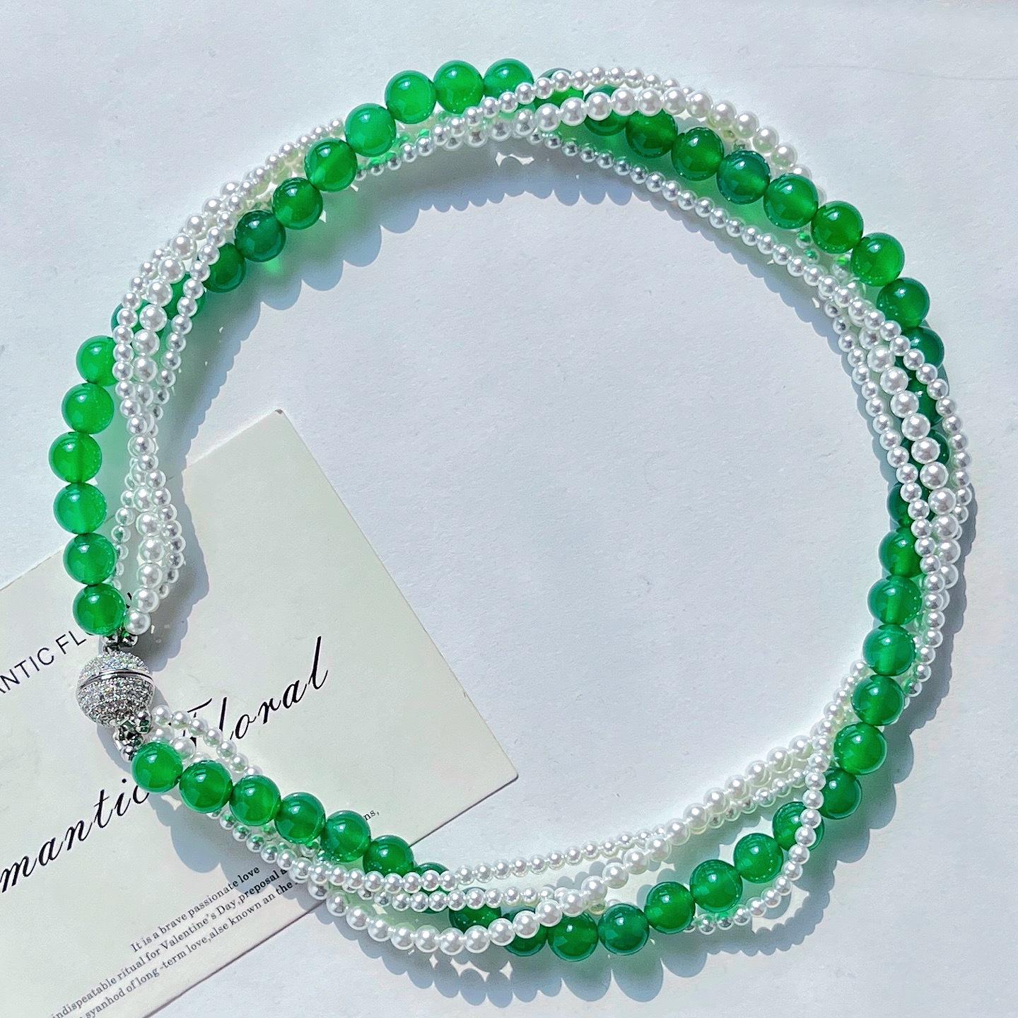 

High Quality Natural Chrysoprase Artificial Crystal Pearl Multi-Layer Design Necklace Collarbone Chain