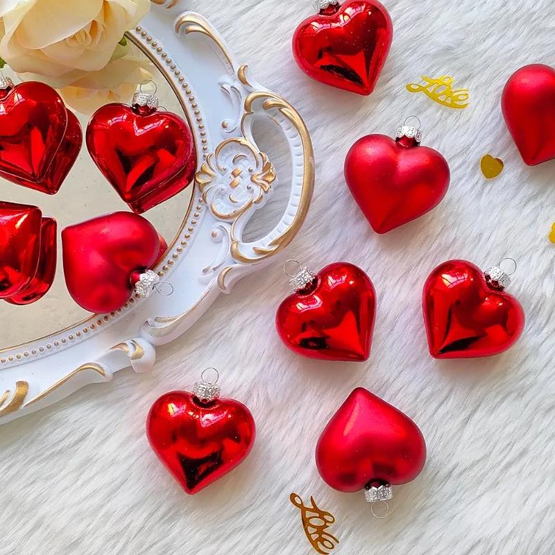 24pcs Red Glitter Love Heart Hanging Ornaments Romantic Heart Balls Christmas Tree Decor DIY Valentines Wedding Party Supplies