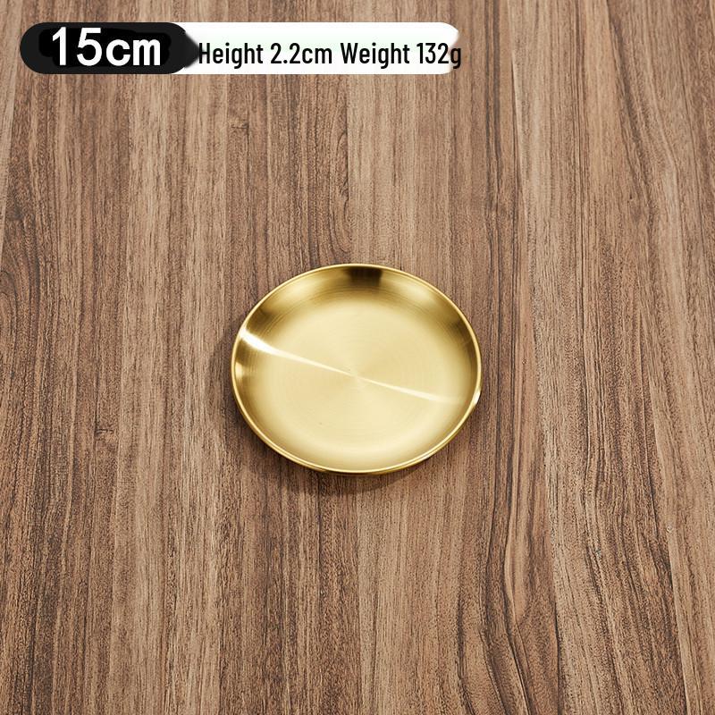 Korean Style Double-Layer Non-Magnetic Stainless Steel Insulated Golden Round Dinner Plate Tray