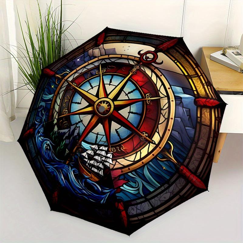 1pc Maritime Compass Compact Travel Umbrella, Automatic Folding Lightweight Windproof 8-Bone Reinforced Design, Portable for Backpack Durabl