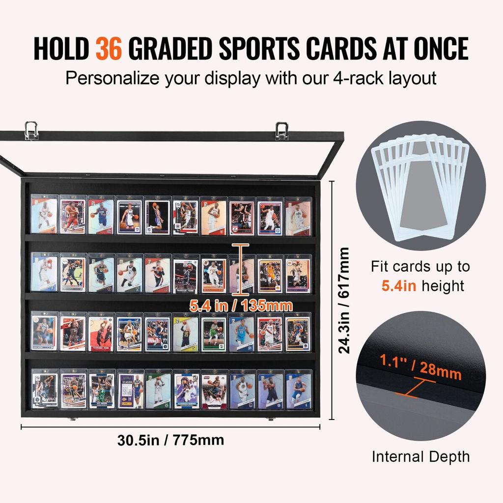 36 Graded Sports Card Display Case, 30.5x24.3x2.1 In, Baseball Card Display Frame with 98% UV Protection Clear View PC Glass, Lockable Wall Cabinet