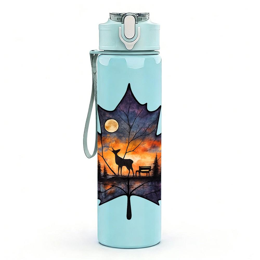 1PC Burning Autumn Maple Leaf 750ml Color Plastic Sports Water Bottle Leakproof Flip Straw Lid Suitable for Sports Office Home Use