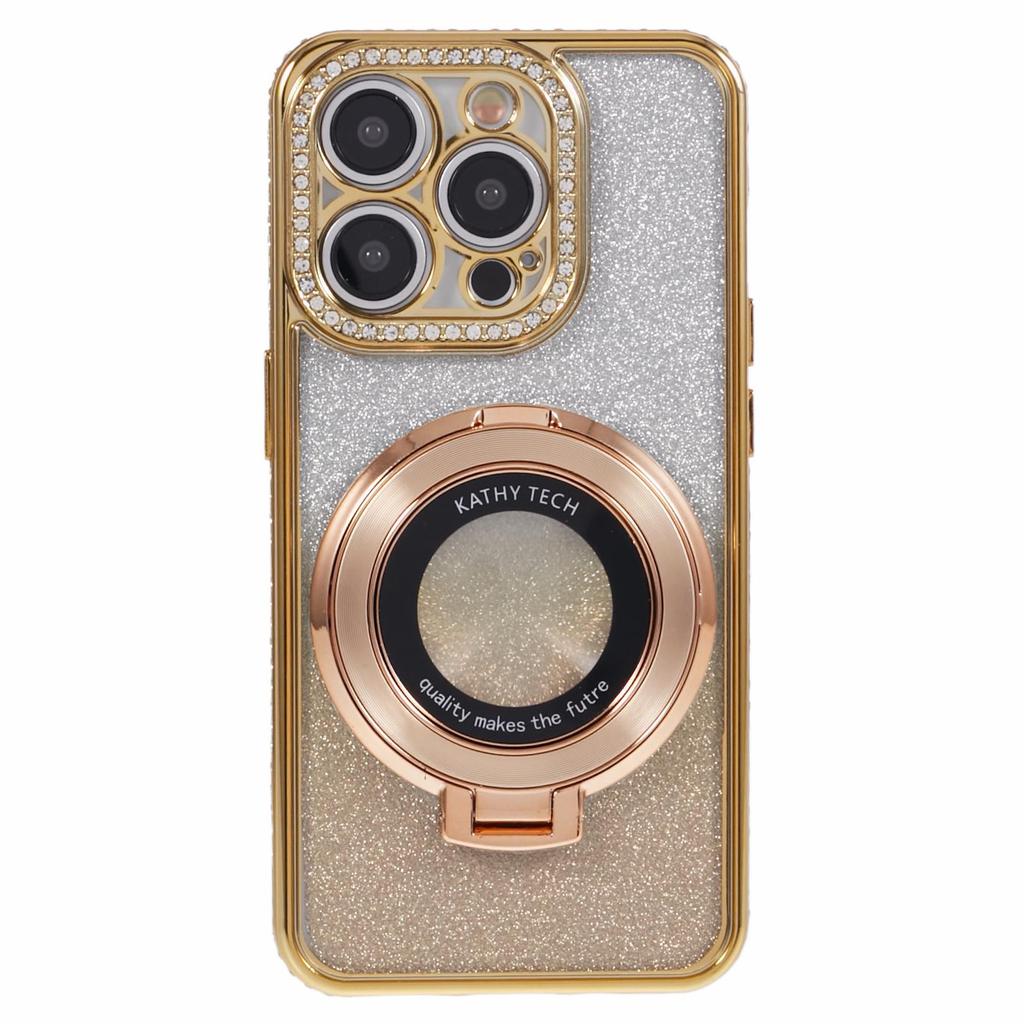 For iPhone 15 Pro Max Ring Holder Case Rhinestone Decor Glitter Sparkle TPU Phone Cover