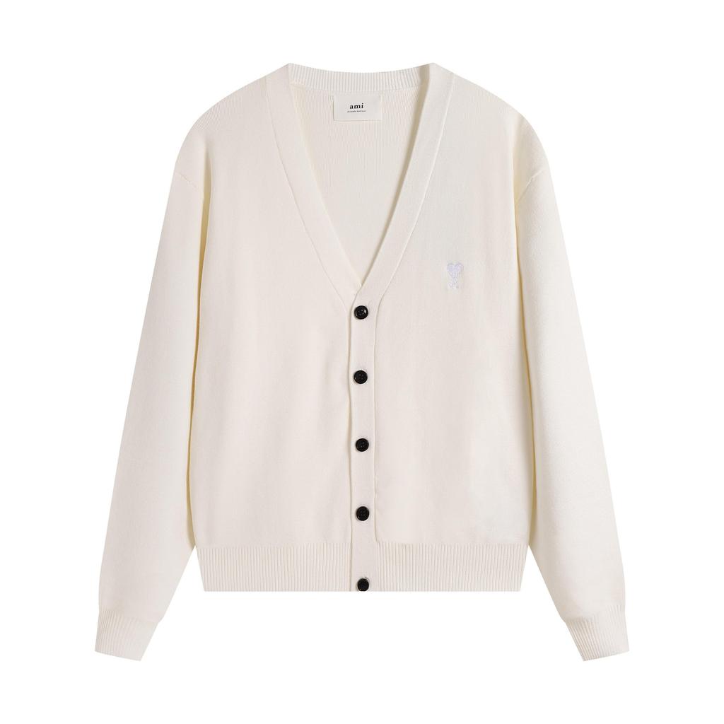 AMI Jesień i Zima Męski Nowy Małe Białe Serce Mieszanka Wełny Alpaki Miękki i Przyjemny Dzianinowy Kardigan Okrągły Dekolt Sweter Chmurka Kieszeń Płaszcz