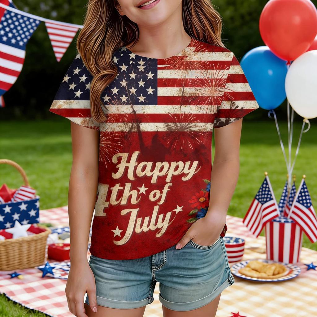 Kids Independence Day Print Round Neck Short Sleeve Casual T-shirt