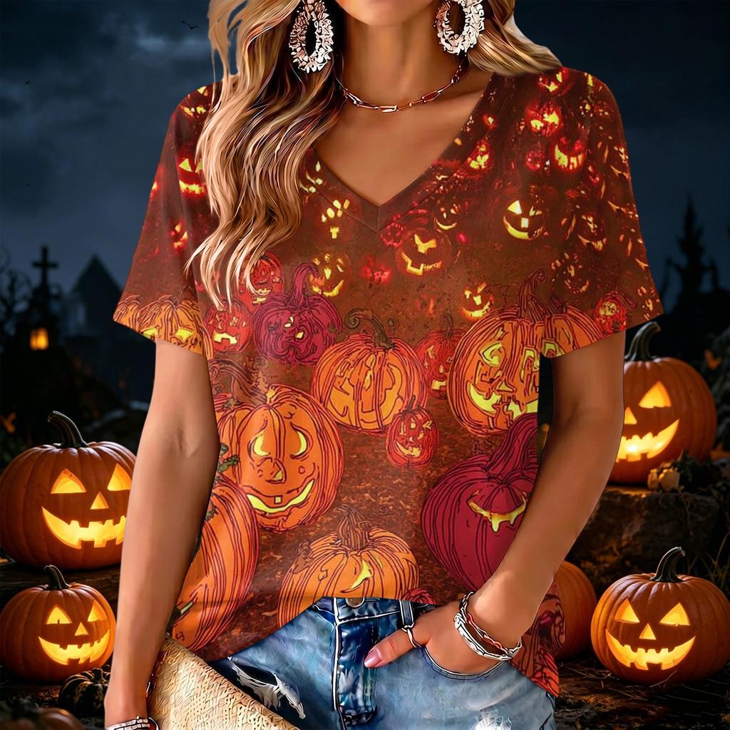 Women's V-Neck Halloween Print Lightweight Blouse for Spring and Summer Casual Wear