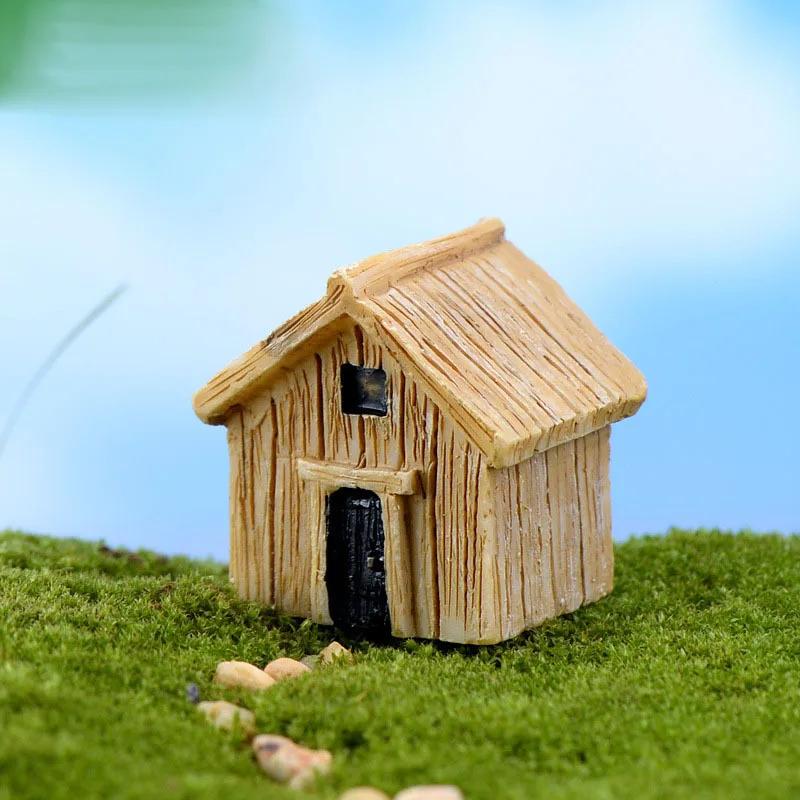2 Pcs Resin Mini Wooden House Figurines Micro Landscape Dollhouse Ornaments Miniatures Art Craft Landscaping Home Decoration