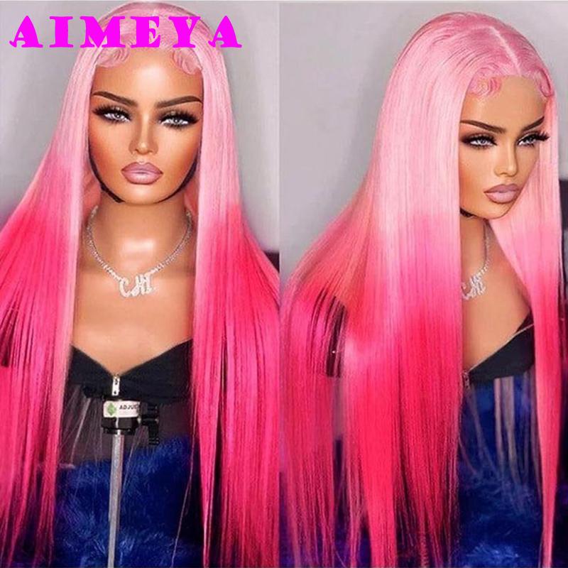 

AIMEYA Ombre Pink Synthetic Lace Front Wigs for Women 13x4 Platinum Blonde Roots Pink Wig Long Silky Straight Colorful Wigs (as the picture,26inches&Lace Front)