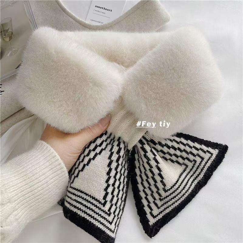 Korean Style Women's Fluffy Faux Mink Scarf - Thick Striped Fur Collar & Neck Warmer