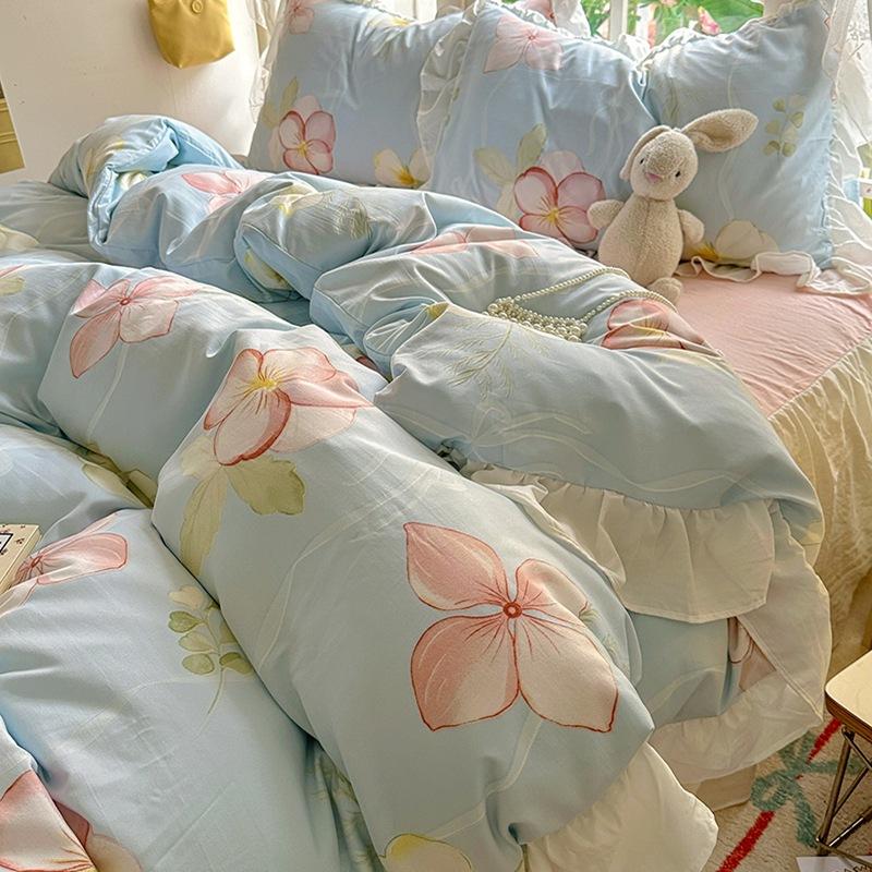 Small Fresh Pure Cotton Four-piece Set Lace Korean Version Princess Style Washed Cotton Bed Skirt Quilt Cover Cream Style Bedding
