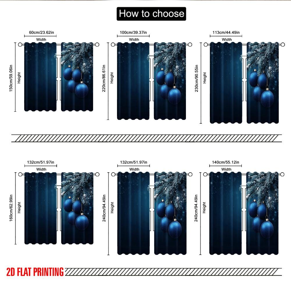 2pcs 2D flat printing Happy Christmas Scene Curtains Christmas Ornament Blue Bauble Digital Printed Polyester Drapes Festive