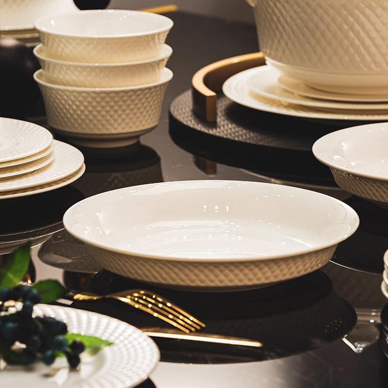 Pure White Bone China Irregular Embossed Floral Anti-scalding Tableware Set