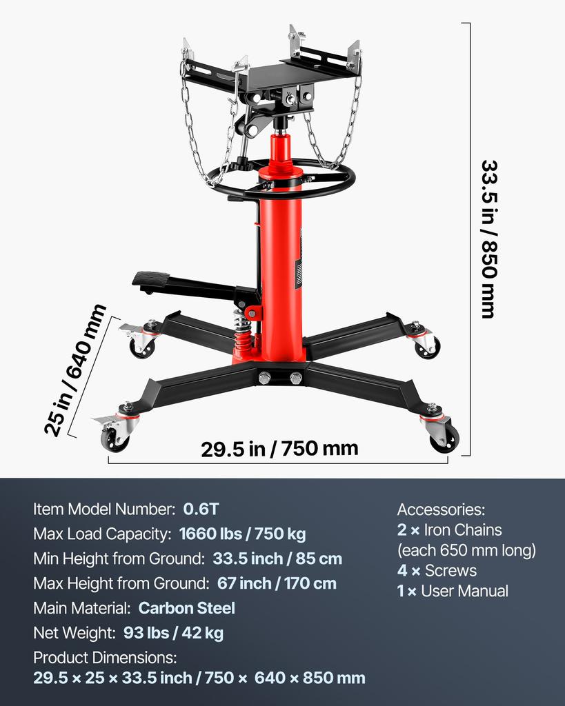 VEVOR Transmission Jack,0.75 Ton/1660 Lbs Capacity Hydraulic Telescopic Transmission Jack, 2-Stage Floor Jack Stand with Foot Pedal
