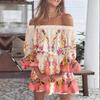 Women Floral Print Mini Dress Summer Sexy Off Shoulder Flare Sleeve Tunic Dress Female Casual Boho Beach Dress