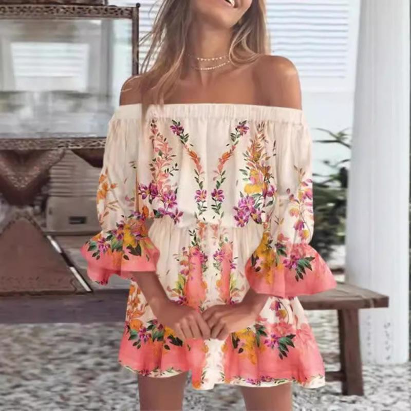 Women Floral Print Mini Dress Summer Sexy Off Shoulder Flare Sleeve Tunic Dress Female Casual Boho Beach Dress