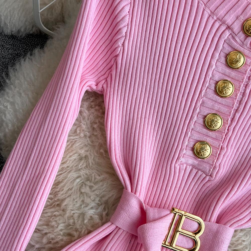 Women Dress  Autumn Winter Elegant Rib Knit Long Pencil Dress with Belt Office Lady Bodycon Sweater Dress