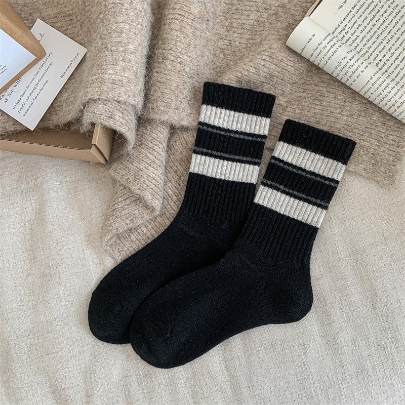 Grey-toned Women's Autumn and Winter Woolen Socks, Thickened and Warm Pile Socks, Striped and Color-blocked Winter Woolen Long Socks
