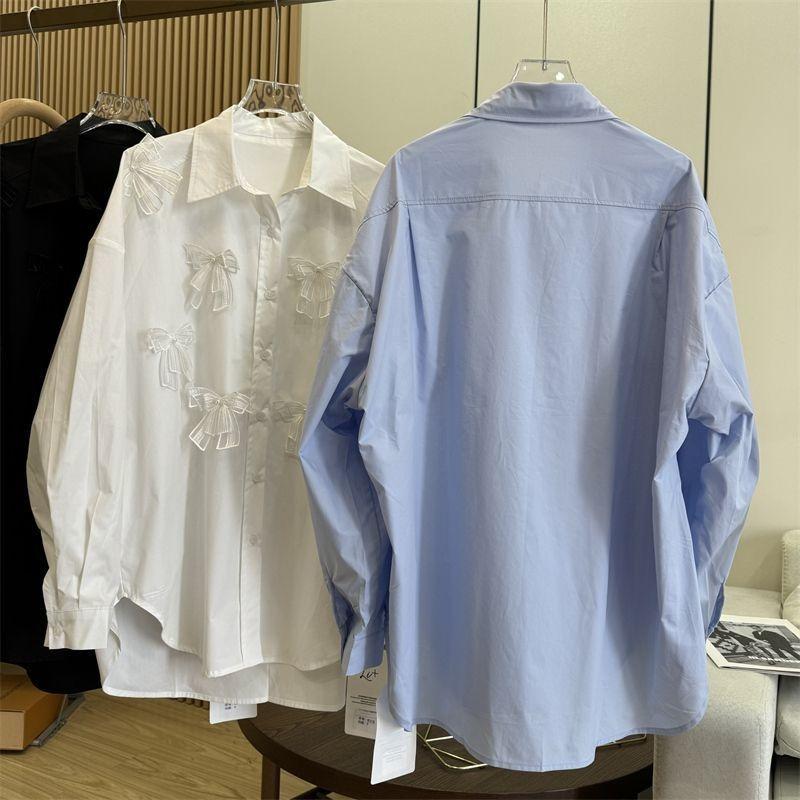 Women's 3D Lace Bow Shirts Solid Color Turn-down-collar Long Sleeved Spring Tops Loose Single Breasted Casual Blouses