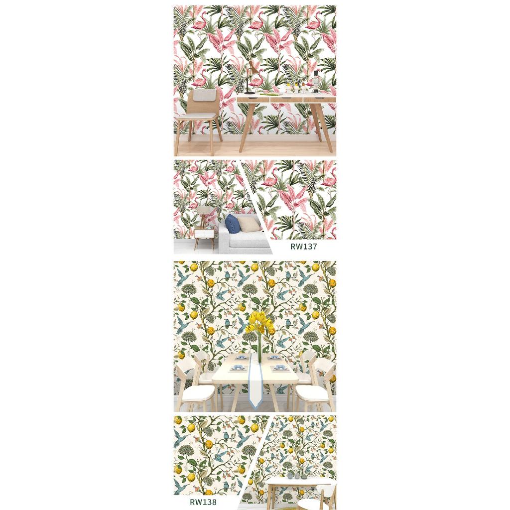 Removable Seamless Self-Adhesive Wallpaper for Living Room Background (Green Plants and Flowers)