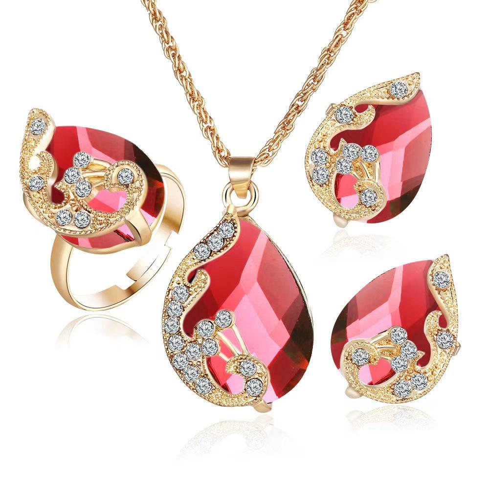 3PCS Peacock Gemstone Lady Jewelry Set Temperament Shiny Crystal Waterdrop Necklace Hoop Earring Ring Gold Color Evening Jewelry