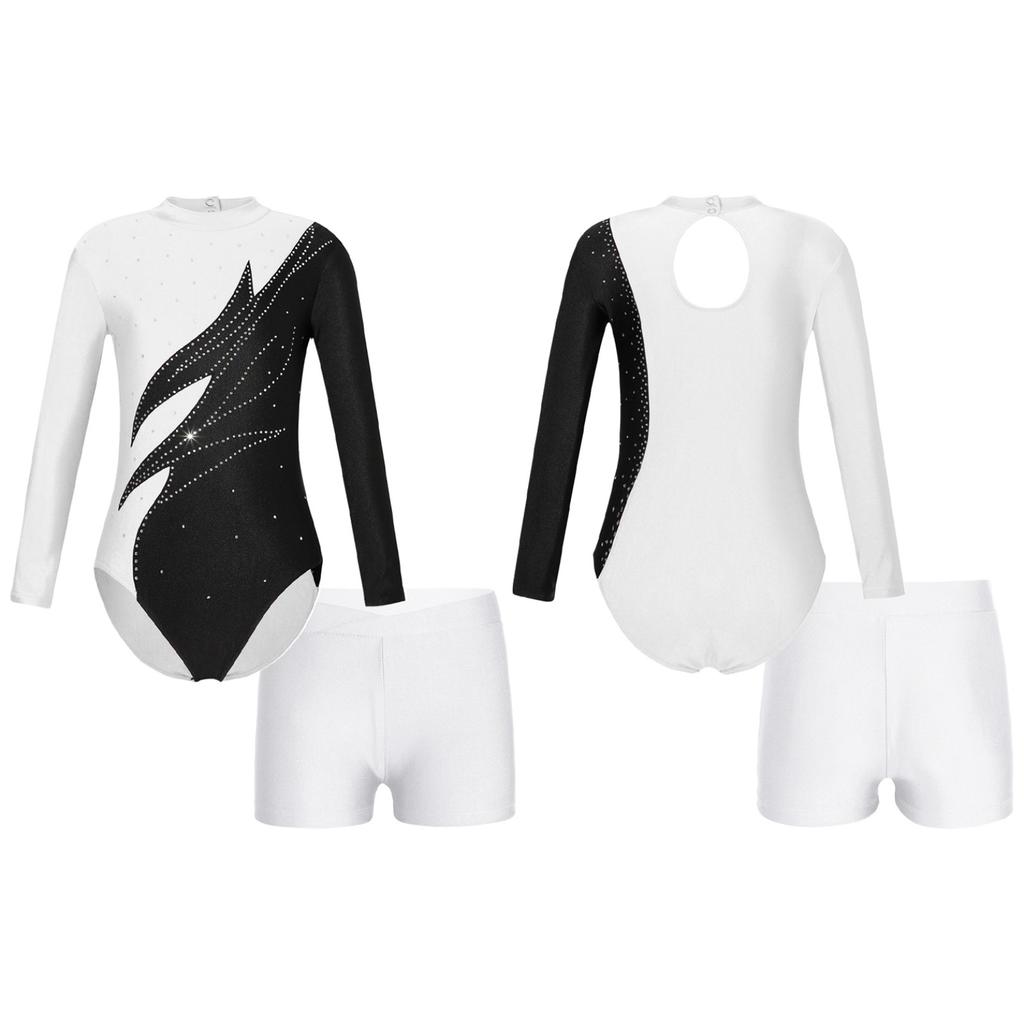 Kids Girls Stylish Clothing Set for Skating Training Wear Outfits Long Sleeve Contrast Color Leotards and Shorts