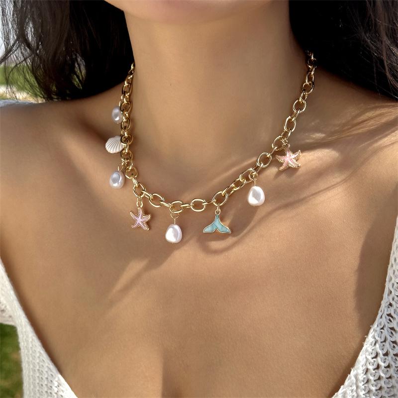 Boho Starfish Scallops Pendant Choker Necklace for Women Elegant Imitation Pearl Tassel Necklace Aesthetic Party Jewelry Gift