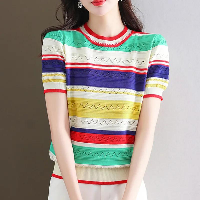 Women T shirt Striped Color block Short sleeve Knit Crew neck Casual Vintage
