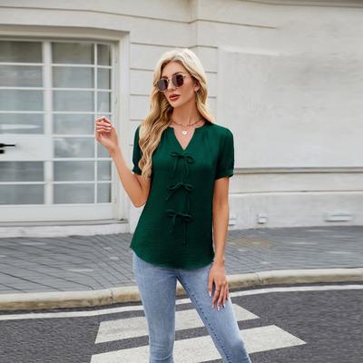 Damen Sommer Neu Einfarbig Kurzärmlig Schleife Mode V-Ausschnitt Top
