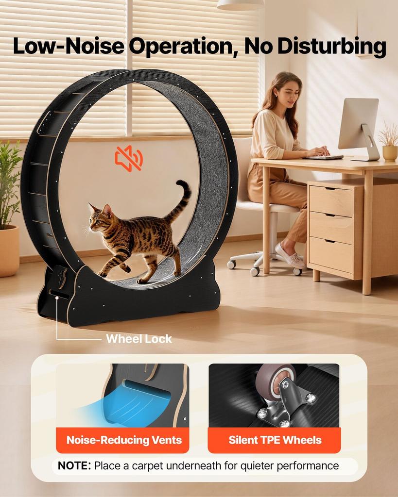 Cat Exercise Wheel, 132cm Wooden Cat Running Wheel for Indoor Kitten up to 12.7kg, Cats Treadmill with Carpeted Runway & Locking Mechanism, Quiet Cat