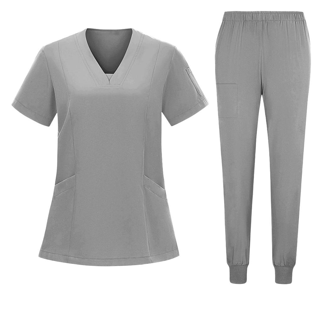 Women's Short Sleeved Color Round Neck Pocket Top Pants Work Clothes Two Piece Set