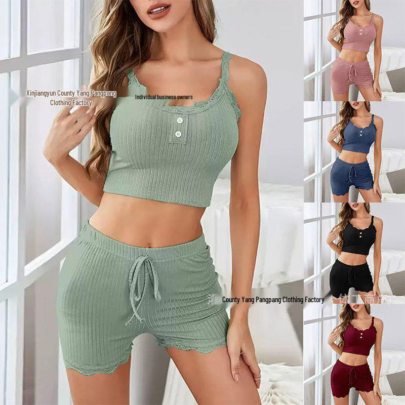 Women's Lace Trim Camisole and Shorts Set - Casual, Sexy, European and American Homewear for Teens and Ladies