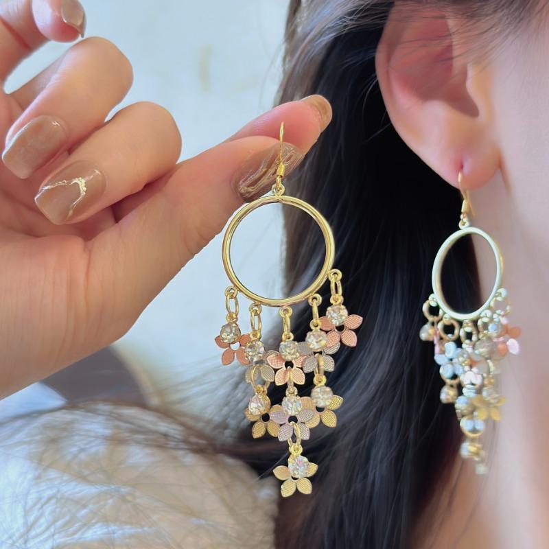 Stylish Elegant Small Flower Long Tassel Pendant Earrings for Women Vintage Temperament Exquisite Wedding Party Zircon Gift