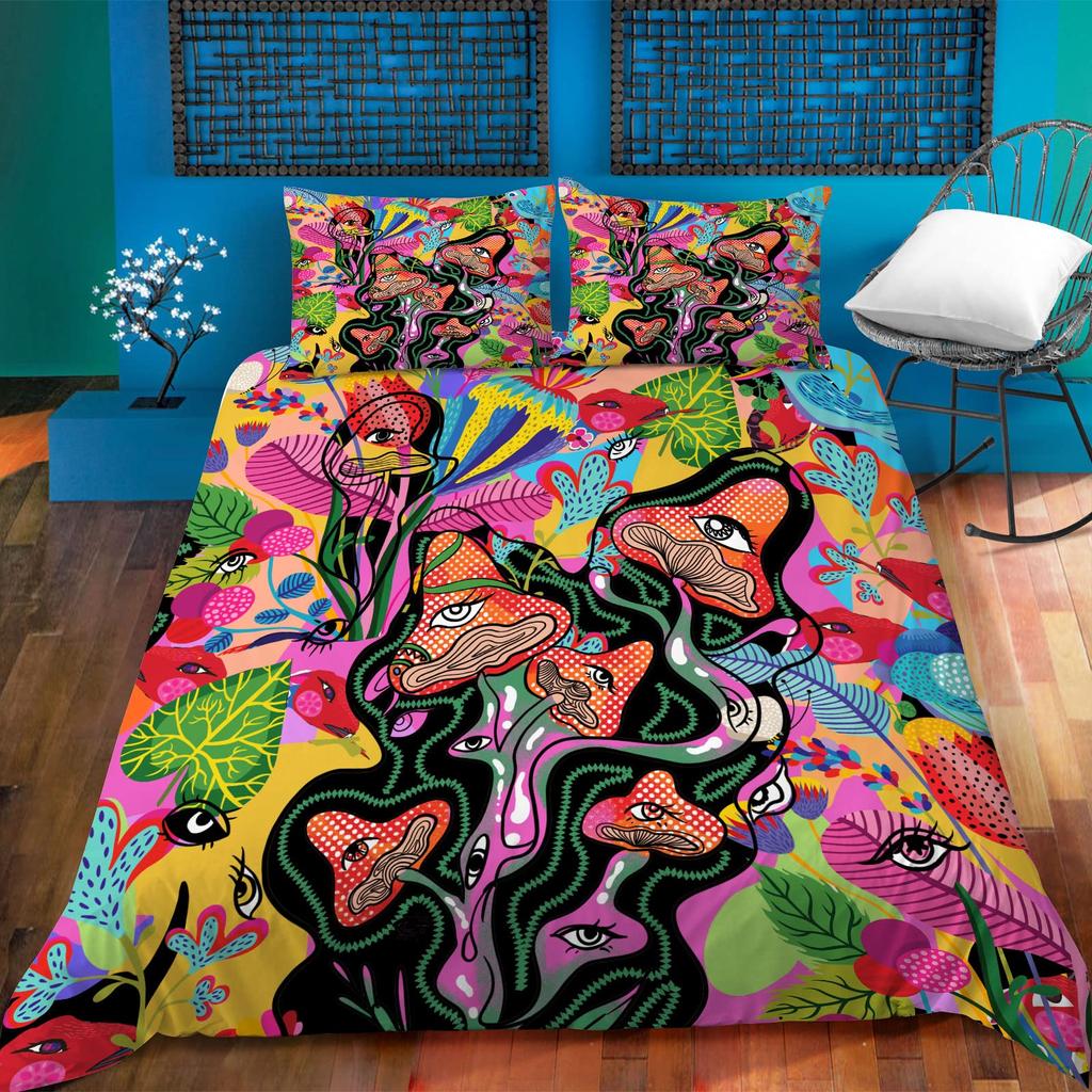 Mushroom Duvet Cover Colorful Gold Pattern Cartoon Plant Beddings for Teen Boys Girls Kids,Queen/King Microfiber Comforter Cover