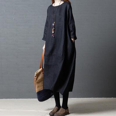 Spring Autumn Literary Vintage Solid Loose Casual Robe Women Long Sleeve Round Neck Cotton Dreess Vestidos