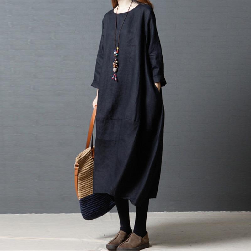 Spring Autumn Literary Vintage Solid Loose Casual Robe Women Long Sleeve Round Neck Cotton Dreess Vestidos