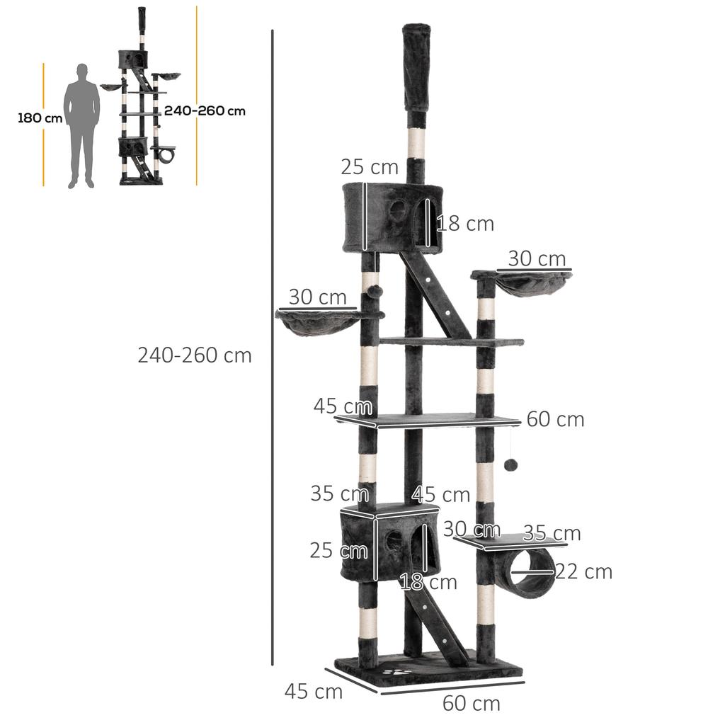 Cat Tree, Floor-to-Ceiling, 240-260 cm, Adjustable Height, Platforms, Caves, Grey