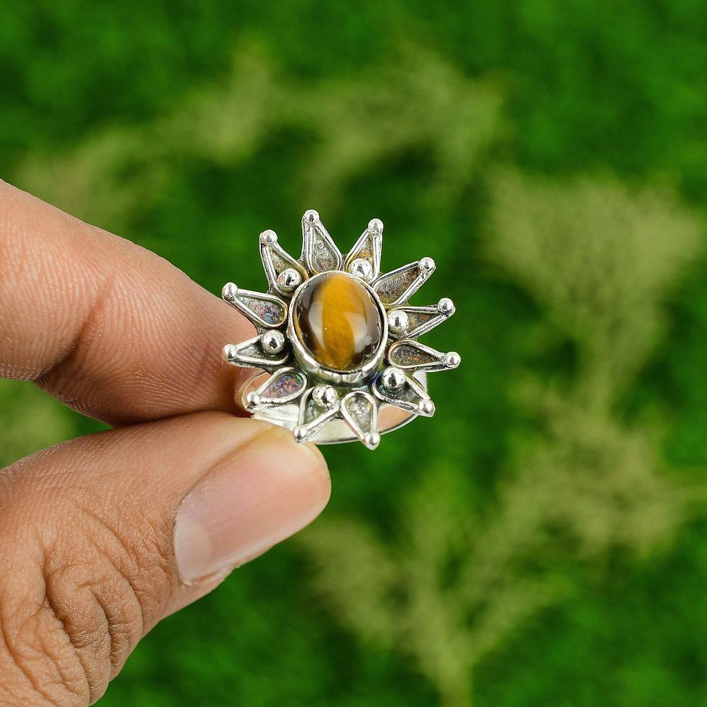 Natural Tiger'S Eye Multi Stone Flower Adjustable Ring 925 Silver For Girls