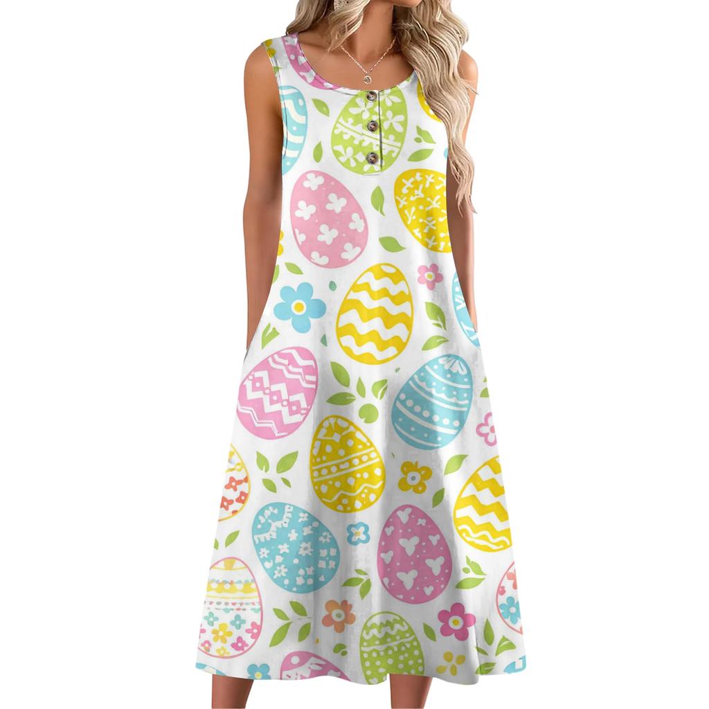 Women Fashion Casual Sleeveless Button Easter Print Dress With Pocket