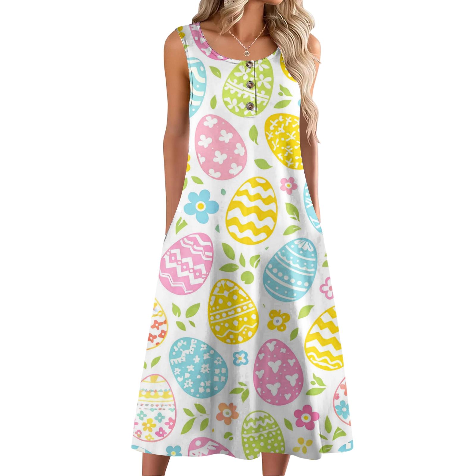 

Women Fashion Casual Sleeveless Button Easter Print Dress With Pocket XL жовтий