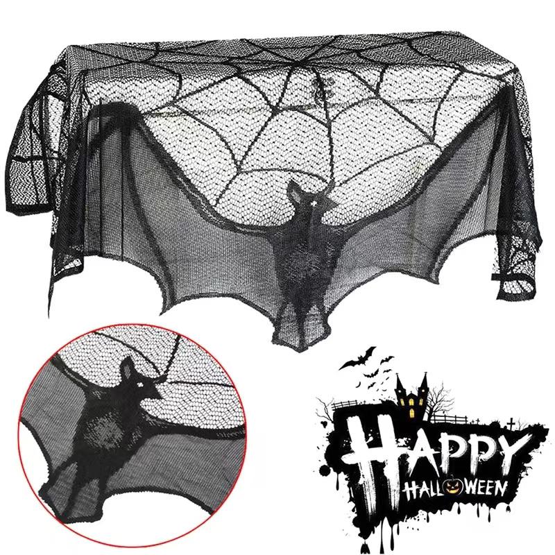 1pc Halloween Lace Curtain Black Bat Spider Tablecloth Fireplace Mantel Scarf Cover Halloween Home Room Cobweb Decoration