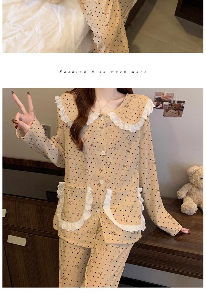 Pigiama in Cotone a Nuvole Pois - Set da Donna a Manica Lunga con Collo da Bambola per Primavera e Autunno